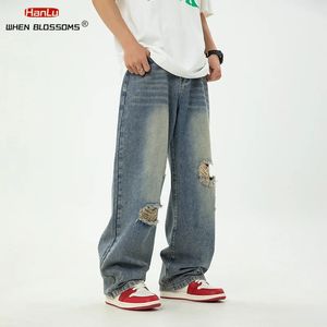 Primavera verano para hombre Vintage lavado desgastado Jeans sueltos japonés pierna recta Micro ancho moda marca pantalones de mezclilla 240305