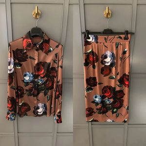 Springsummer Rose Print Turndown Collar lange mouwen lange mouwen Shirthed Losse half rok vrouw set van twee vrouwelijke kleding 240419