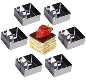 Vierkant 6 van de roestvrijstalen kookringen roestvrijstalen dessertringen Mini -cake en mousse ringvormset met pusher15989589625631