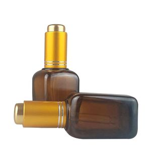 Flacons compte-gouttes carrés en verre ambré doré avec bouton-pression, bouteille d'huile essentielle de sérum 30ml 1oz, récipient cosmétique