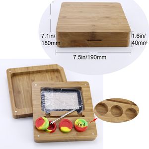 Kit de boîte de rangement de plateau plat en bambou carré en bois de bambou avec pot de cire de 7 ml 5 ml dabber de 120 mm pour le tabac à rouler