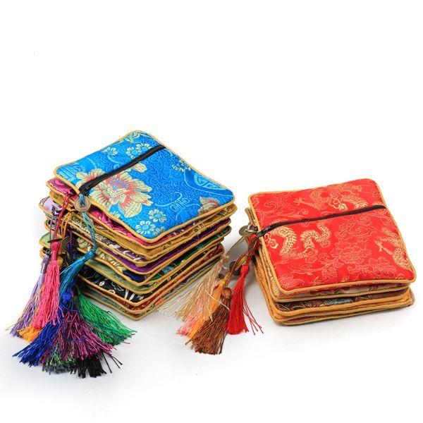 Petite pochette carrée en brocart de soie à fermeture éclair, sacs cadeaux pour bijoux, pompon chinois, porte-monnaie, pochettes d'emballage, 10 pièces/lot, mélange de couleurs, livraison gratuite