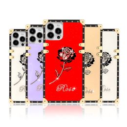 Caja cuadrada Diamond Rose Flower Cases Soft TPU Trunk Metal Decoration Corner para iPhone 14 13 12 11 Pro XR XS Max X 8 Plus Samsung S23 S22 Ultra A13 A23 A53 A03S A03 Core