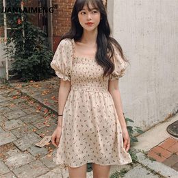Col carré en mousseline de soie robe florale Kawai une ligne robe noir Mini robes Verano coréen rétro mignon Harajuku vêtements 220514