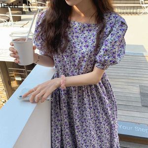 Vierkante kraag bloemen drpuff mouwen maxi jurken voor vrouwen plus size zomer 2021 harajuku paars A-lijn boho vestido de mujer x0621