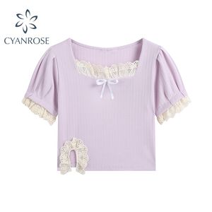 Tops cortos de manga corta con cuello cuadrado para mujer, jerséis de punto morados ajustados de encaje de retazos de estilo coreano de verano para mujer 210515