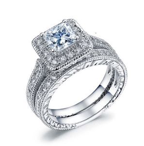 Bague en diamant carré 2 pièces/ensemble princesse bagues de fiançailles pour femmes bijoux de mariage bagues de mariage accessoire taille 6-10