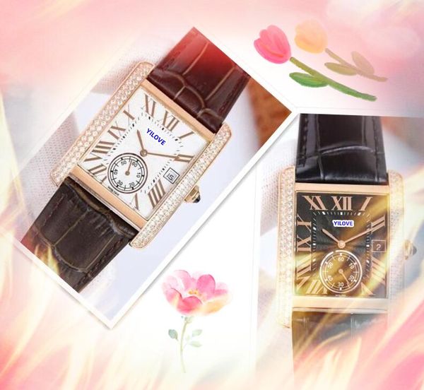 Amantes de la cara cuadrada Relojes Menciones de movimiento de cuarzo Reloj Diamantes Anillo de cuero de vaca Número romano Dial Data automática de oro Rosa Muñeca de pulsera plateada Regalos