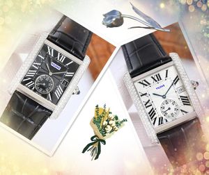 Vierkante gezicht heren diamanten ring cool horloges 34 mm hoogwaardige koe lederen luxe automatische kwarts bewegingsbeweging klok dag date tijd goed uitziende armband Watch cadeaus