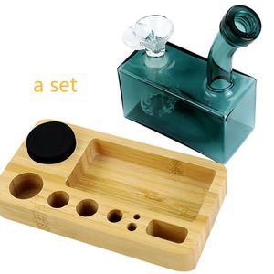 Vierkante glazen bong waterpijp creatieve waterpijpen set met houten voetaccessoires