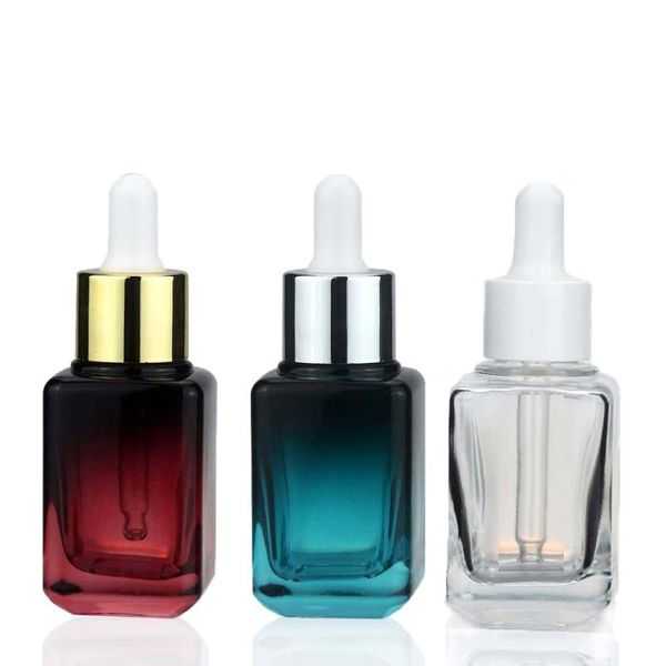 Botellas de perfume de aceite esencial de vidrio cuadrado Pipeta Botella cuentagotas 30 ml en degradado azul rojo y transparente (LOGO Impresión UV a partir de Owxs