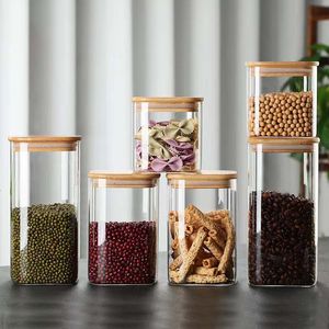 Pot en verre carré, boîte à grains de café, boîte d'assaisonnement avec couvercle en bambou, boîte en verre à haute teneur en borosilicate, récipient de stockage des aliments scellé, boîte de rangement de cuisine