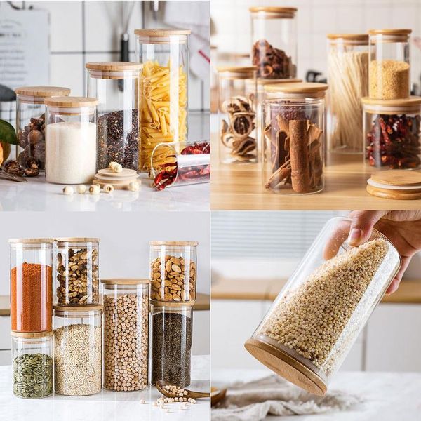 Bocs de rangement en verre carré avec couvercle en bambou pour grains de café nouilles nouilles de rangement alimentaire Conteneurs de cuisine