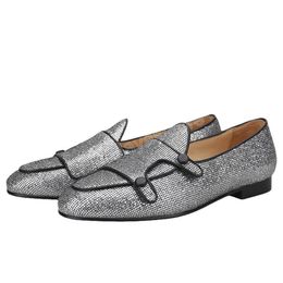 Vierkante glitter zilveren loafers kleding schoenen mannen dubbele herkende mocassins met lederen knoppen schoenen handgemaakt