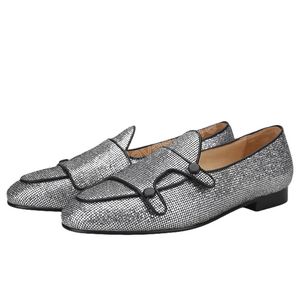 Vierkante glitter zilveren loafers jurk schoenen mannen dubbele-monnik mocassins met lederen knoppen schoenen handgemaakt