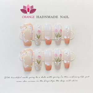 Vierkante handgemaakte pers op nagel met 3D-bloem Ontworpen middellange rode witte manicure Draagbare volledige dekking kunstmatige nagelkunst 240129