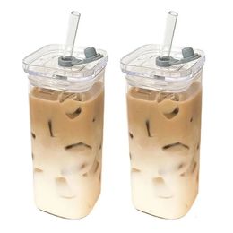 Taza de vidrio de café resistente al calor cuadrada con tapa y paja Taza de jugo de té de leche transparente para la barra casera Drinkware 240422