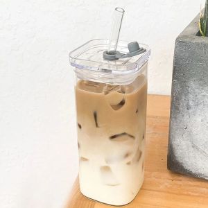 Taza de café transparente de vidrio transparente resistente al calor cuadrado jugo de té jugo de vidrio taza de agua con tapa y taza de café de paja beber taza