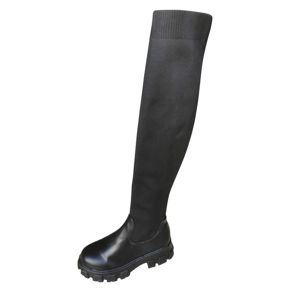 Talon carré sur le genou bottes à manches hautes élastiques sur le genou tête ronde tissage volant bottes longues chaussettes élastiques bottes