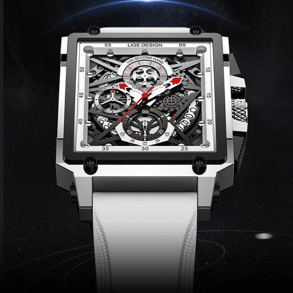 Carré Creux Hommes Montres De Mode Silicone Étanche Sport Montre Hommes Chronographe De Luxe Automatique Date Quartz Horloge 210527