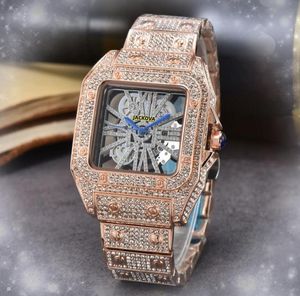 Vierkant hol skelet heren automatisch datumhorloge volledig roestvrijstalen kast klok quartz batterij super hemel sterrenhemel diamanten ring bezel ketting armband polshorloge geschenken