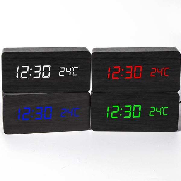 Reloj Despertador de madera LED cuadrado, reloj de mesa, Control de voz, Despertador de madera Digital, escritorio electrónico, relojes alimentados por USB/AAA, decoración