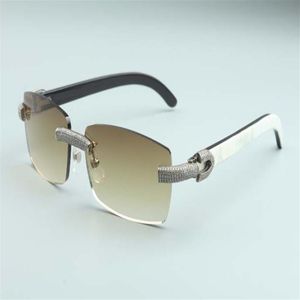 lentilles carrées Micro-Pave Diamonds Sunglasses Sunglasses White et Black Hybride Natural Buffalo Horn Temples M-3524012-C pour une taille unisexe 257Y