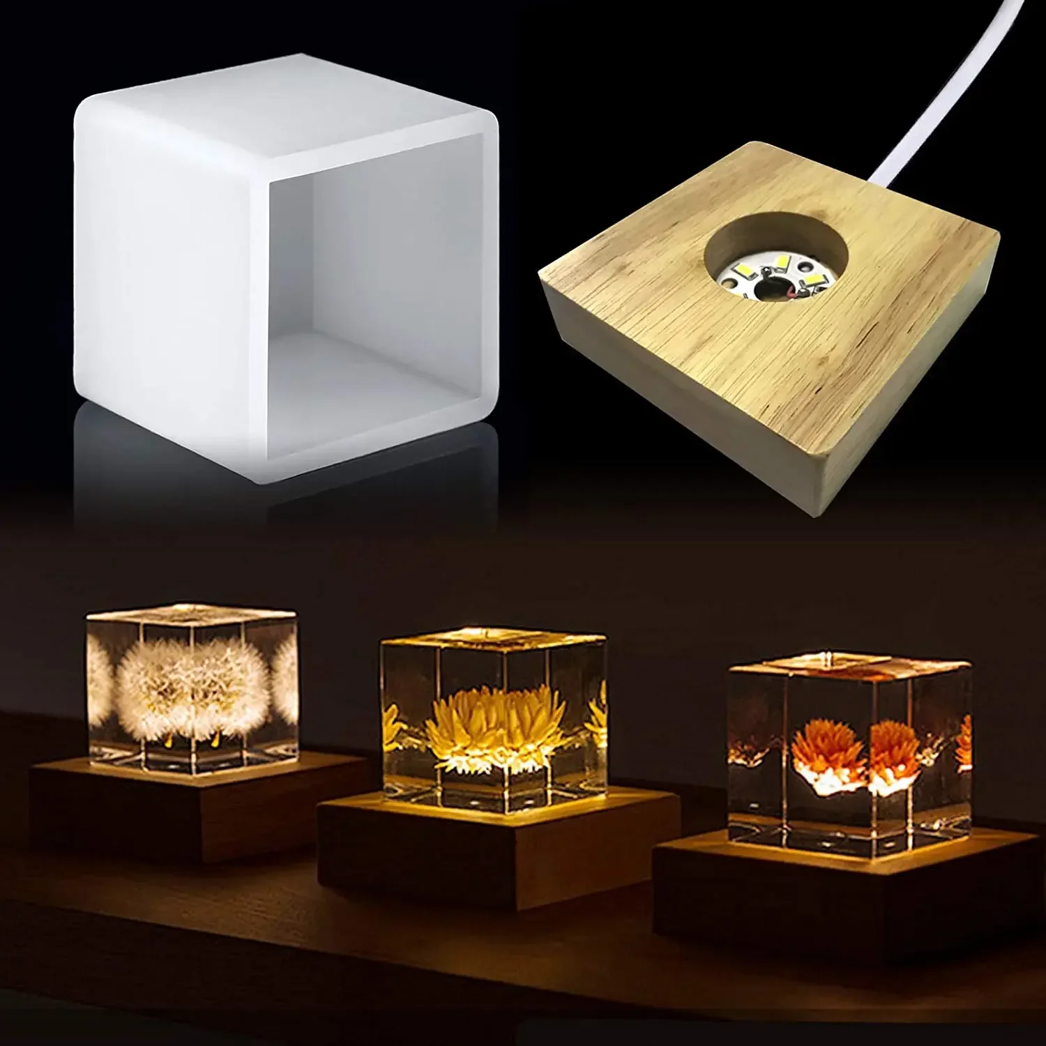 Square Light Form, forma silikonowa LED do żywicy, silikonowe formy z żywicy z drewnianym oświetlonym stojakiem podstawowym dla sztuki żywicy