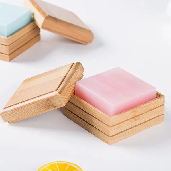 Boîtes de rangement de savon en bambou naturel carré, plateau à savon en bois, étui à savon fait à la main avec couvercle pour porte-savon, accessoires de salle de bains Q785