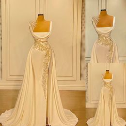 Robes de soirée sirène à col carré avec surjupe 2022 Image réelle dentelle perlée fente sexy trompette robe de réception de fiançailles de bal