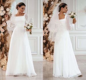 Col carré Simple mousseline de soie une ligne robes de mariée manches longues charmant Boho jardin été plage robes de mariée longueur de plancher femmes mariée réception robes de fête CL3529