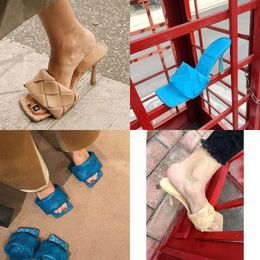Square New Toe Diamond Woven Blue Leather Mules Mujer Madame Sexy Nude Nude High Heel Party Women Zapatos