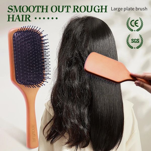 Pagaie carrée démêlant les brosses à cheveux femmes têtes de massage du cuir chevelu brosse large peigne de dents pour les cheveux grand coussin de mousseuse en bois brosse à cheveux 240407