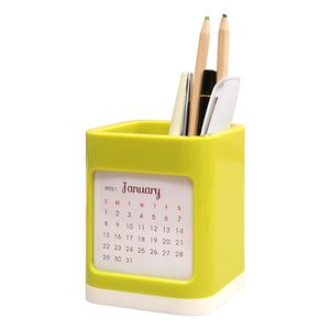 Portalápices cuadrado, calendario de escritorio, soporte para vasos de plástico, organizador de papelería de escritorio, suministros escolares de oficina, azul, verde, amarillo, 12 meses