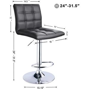 Vierkante PU -leer verstelbare barkrukken met rug, set van 2, tegenhoogte draaikruk, barkrukken voor counter zwarte balk stoelen