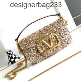 Square Purse Bag Fashionable Designer Goods Chain Valeenttino Leather Bags Beads Cross Small Shiny Womens Sequins High-end Diagonal Baguette BC6M