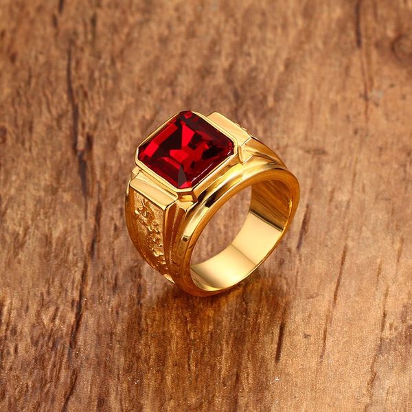 BAGUE HIP-HOP HOMME EN PIERRE ROUGE CARRÉE EN ACIER INOXYDABLE DORÉ GRAVURE BAGUES DRAGON BIJOUX HOMME