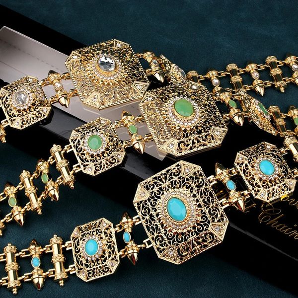 Cinturón cuadrado Rhinestone Caftan Joyas Moroccanas Mujeres Cadenas de vestidos de oro Luxury Muslim Chic Body Jewelry Regalos de novia 240408