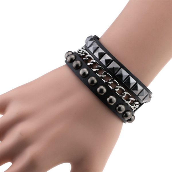 Pulsera con remaches cuadrados, brazalete, pulsera envolvente multicapa para mujer, botón a presión gótico punk, pulseras multicapa, joyería de moda de Hip Hop