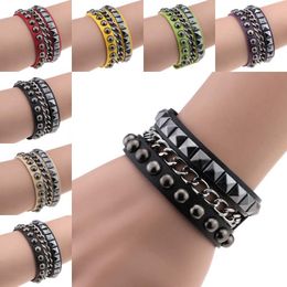 Square Rivet PU lederen armband Bangle manchet Wikkel Polsband Punk Gothic Snap Button Meerlagige armbanden Polsband Hip Hop Fashion sieraden