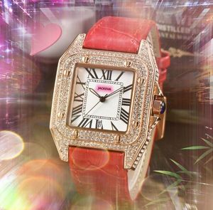 Cadran romain carré série Tank montre femme 36MM hommes 43MM véritable cuir de vache mouvement à quartz plein diamants bague boîtier horloge or rose argent couples style montres cadeaux