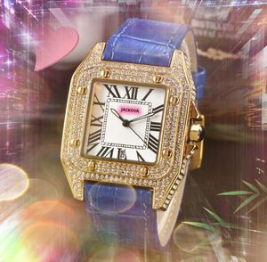 Cuadrado romano Dial Tank Series Reloj Mujer 36MM Hombres 43MM Cuero de vaca genuino Movimiento de cuarzo Diamantes completos Caja de anillo Reloj Oro rosa Plata Relogio masculino Relojes