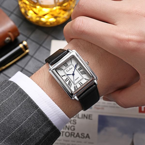 Regarder le cadran romain carré pour hommes et femmes, robe de couple, bracelet de fête, horloge analogique en quartz, explosion annuelle, montre à ceinture en cuir de luxe