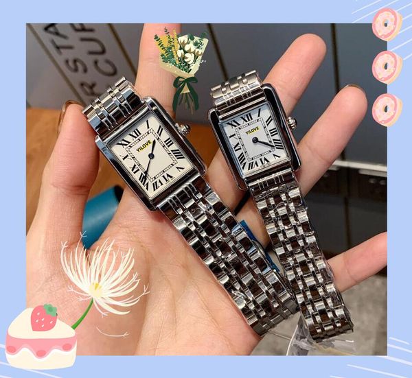 Cadran romain carré femmes amoureux montre quartz batterie série réservoir horloge glacé Hip Hop boîtier en acier inoxydable Ultra mince Couples montres relojes de lujo para hombre