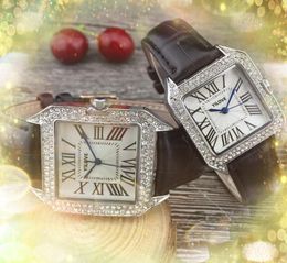 Square Roman Lovers Mujeres Hombres Relojes Rose Gold Silver Tank Series Reloj Cuero genuino Cuarzo Diamantes Anillo Parejas Estilo Relojes de pulsera clásicos Reloj Hombre