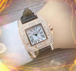 Relojes de cuarzo con números romanos cuadrados, cuero rojo y rosa para mujer, reloj con esfera de tanque romano, anillo de diamantes completo, relojes de pulsera famosos, reloj de lujo