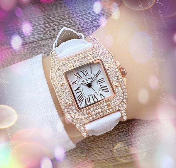 Relojes de cuarzo con números romanos cuadrados, cuero rojo y rosa, reloj con esfera de tanque para mujer, anillo de diamantes completo, pulsera de cadena famosa, relojes de pulsera, reloj de lujo, regalos