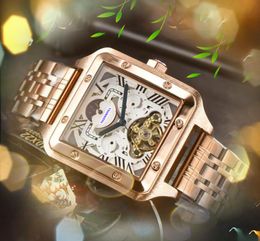 Vierkante Romeinse Tank Maan Zon Wijzerplaat Mannen Horloge Mechanisch Zelfopwindend Automatisch Uurwerk Business Klok Heren Dag Datum Rose Goud Zilver armband Horloges Geschenken
