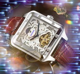 Vierkante Romeinse Tank Moon Sun Dial Herenhorloge Volledig mechanisch roestvrijstalen lederen band Automatisch uurwerk Zakelijke klok Herendagdatumhorloges Montre de luxe geschenken