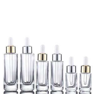 Flacons compte-gouttes en verre transparent de forme carrée de 15 ml, 30 ml, 50 ml, avec capuchon argenté et doré, pour huiles essentielles cosmétiques